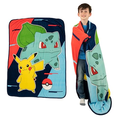 Pokemon Anime Pikachu and Bulbasaur Kids Bedding Super Soft Micro Raschel Throw, 46 in x 60 in, (Official Licensed Product) By Franco - color: Pokemon, size: 46 in x 60 in