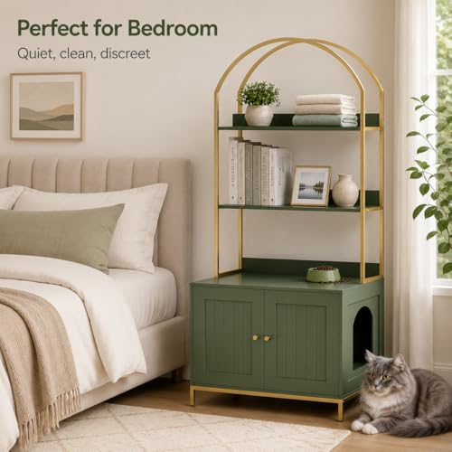 Homhedy Cat Litter Box Enclosure with 2-Tier Shelves, Green and Gold | Litter Box Furniture Hidden, Indoor Cat House, Wooden Cat Washroom Furniture with Metal Frame, Modern Style - color: Green and Gold