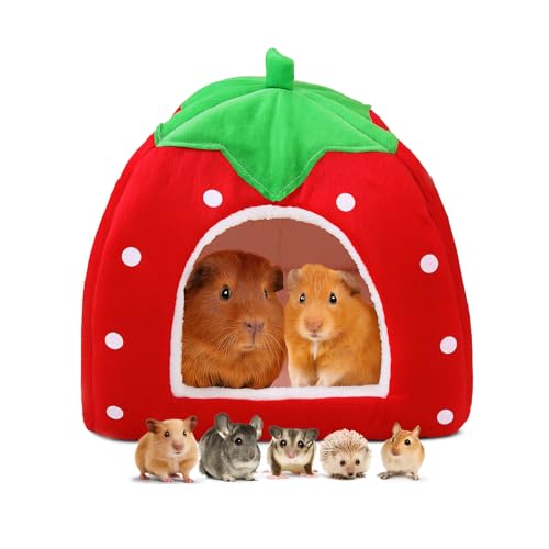 Guinea Pig Bed, Cozy Rabbit Hideout with Warm Fleece Washable Cuddle Cup Winter Sleeping House for Small Pets Strawberry Style