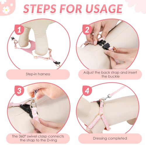 Lukovee Puppy Harness and Leash Set, No Pull, Lightweight Step in Vest | Adjustable, Soft Suede Vest, Easy Put on and off Pet Harness with Snap Buckle & 51in Leash for Small Medium Dogs (Pink, XXS) - color: Pink Daisy, size: XX-Small ( 2.2-6lb )