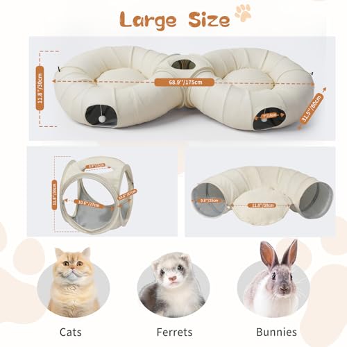 Pawaboo 2-in-1 Cat Tunnel Bed, 8-Shaped Cat Tunnels, Beige | Foldable Cats Cave Hideout Kitty Toys with Fluffy Balls, Donut Tunnel for Kitten Rabbit Ferret - color: Beige, size: 68.9 x 31.5 x 11.8in