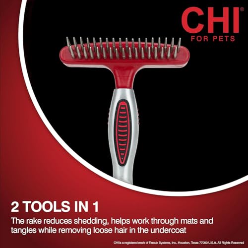 CHI for Dogs Double-Sided Shedding Rake and Blade, 2-in-1 Grooming Tool for Dematting, Deshedding, and Undercoat Removal, Ionic Technology, Ergonomic Soft Grip Handle, All Coat Types, Red, 3-Pack | 2-in-1 grooming tool, for dematting, deshedding, and unde