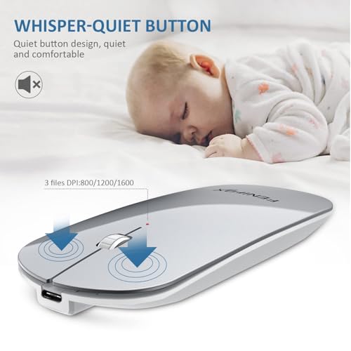 FENIFOX Wireless Bluetooth Mouse, Slim Travel Silent Rechargeable Silver | Flat, Portable, Whisper Quiet, 3 Buttons Design , 2400 DPI Precision for iPad Laptop MacBook Tablet iPhone - color: Silver