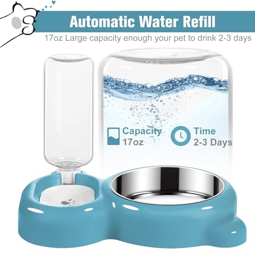 Dog Bowls, Cat Food and Water Bowl Set with Water Dispenser and Stainless Steel Bowl for Cats and Small Dogs - Blue - color: Blue