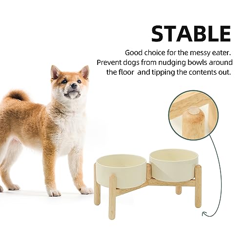 Havniva Elevated Dog Bowls Ceramic Dog Bowls with Stand, Dog Food Bowl | 6.1” Raised Dog Bowls with Non-Slip Wood Stand, Dog Food and Water Bowl Set, Double Dog Feeding Bowls for Small & Medium Dogs - color: 2 Bowls+Stand - Light Yellow, size: 6.1inch