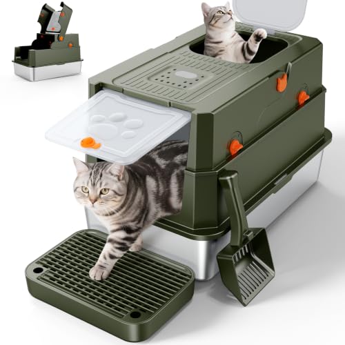 FURTIME Stainless Steel Litter Box with Lid, Enclosed Metal Cat Litter Box | XL Extra Large, Cat Box with High Sided Enclosure & Scoop, Big Cats, Front & Top Entry, Odor Free, Anti-Leakage, Green - color: Green, size: X-large
