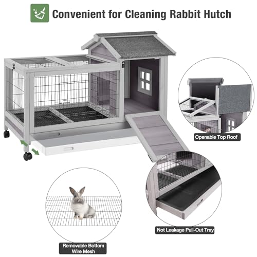 Wooden Rabbit Hutch Indoor and Outdoor, Rabbit Cage with Removable Wire Netting and Leak Proof Tray, Mobile Bunny Cage with Wheels (Grey) - color: Grey