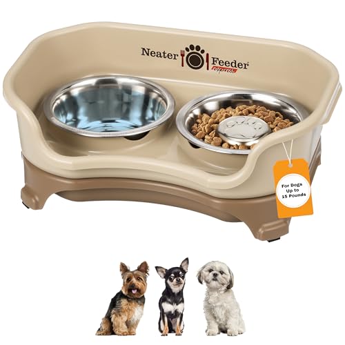 Neater Feeder Express Mess Proof Dog Bowls Elevated for Small Breeds Under 15 Lb, Made in USA, No Spill Raised Dog Food Bowl Stand, Stainless Steel Slow Feed and Standard Water Bowl Set, Cappuccino - color: Cappuccino, size: Small w/ Metal Slow Feed Bowl