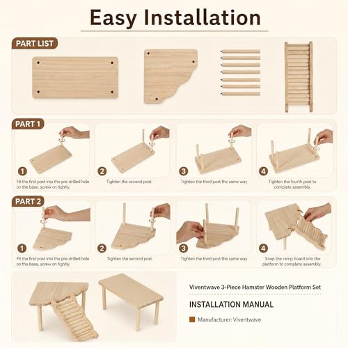 3-Piece Hamster Wood Platform Set with Wave Climbing Ladder, Natural Cage Accessories with Food & Water Stations, Climbing Enrichment for Dwarf, Syrian Hamsters, Mice & Gerbils