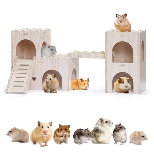 Large Wooden Hamster House Castle with Double Decker,Large Hamster | Wooden Hamster Houses,Dwarf Hamster Habitat Hideout with Climbing Ladder,Large Guinea Pig Castle Detachable Hideouts(B) - color: BrownB