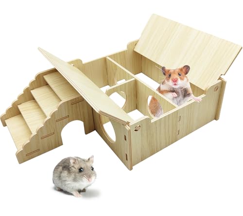 Wooden Hamster Hideout Tunnel Multi-Chamber House Dwarf Hamster Hiding Hut Maze Platform Habitats Exploring Toys for Gerbil Rat Mice
