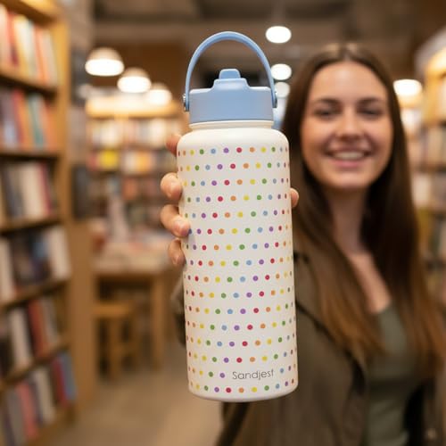 Pride Water Bottle Stainless Steel 32oz with Lid & Straw, Rainbow Polka Dots Insulated Bottles Gifts for Women Men LGBT Month Christmas Birthday LGBT Awareness Month - color: LGBT 1