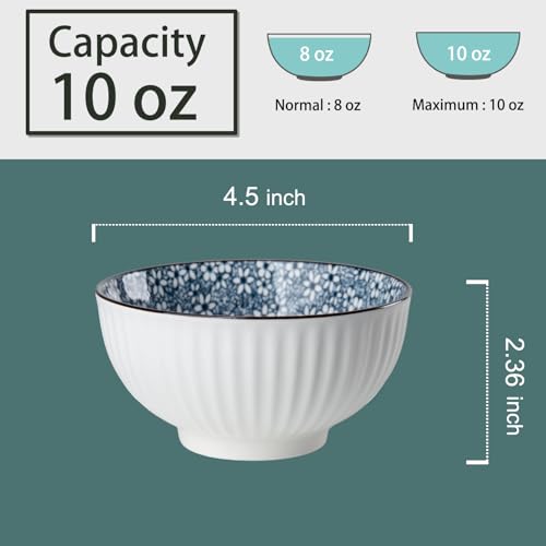 10 oz Small Ceramic Bowls Set of 6, 4.5 Inch Japanese Blue and White Bowls for Ice Cream, Rice, Dessert, Snack, Dipping, Microwave and Dishwasher Safe - Floral Pattern - size: Floral Pattern
