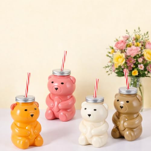 Sliner Valentine Bear Bottles with Straws Including Plastic Bear Drink Empty Bottle & Straws & Caps for Valentine Party Juice Milk Cup Drink Water Container - style: Bear