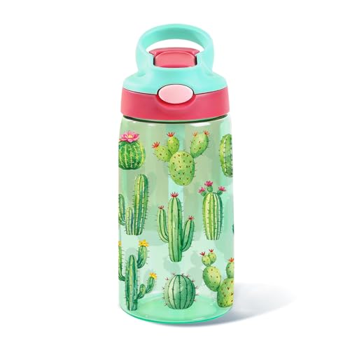 Kids Plastic Water Bottle - Cactus Gifts for Kids, 14oz Plastic Water Bottles with Straw Lid, Leakproof BPA-Free Cactus Water Bottle for Home Sports Travel, Pop-Up Straw Cover, Green - color: Cactus