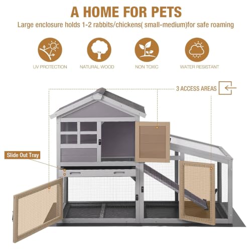 GUTINNEEN Rabbit Hutch for Outdoor Indoor Use, Bunny Cage with PVC Layer and Bottom Wire Netting, Wooden Chicken Coop Rabbit House with UV Roof, Leakproof Tray, Run