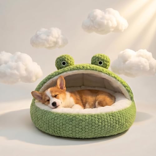 CWV Cute Cat Beds Kitten Beds, Soft Small Dog Beds, Washable Pet Beds for Puppy and Kitty, Funny Frog Cat Cave, 23 Inches - color: White＆Green