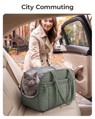 BAGSMART Dog Purse Carrier for Small Dogs Up to 13lbs Puppy Travel Tote Bag | Quilted Puffy Soft Sided Pet Handbag with Pockets, Collapsible Lightweight Portable Carrying with Safety Tether & Mat, Green - color: Haze Green