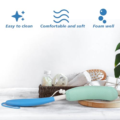 Back Scrubber for Shower,15.35"Curved Body Brush with Anti Slip Long Handle | Long Back Scrubber for Men & Women, Skin Exfoliating Curved Back Scrub Brush, Removable Long Handle Mesh Sponge Back Washer - size: Green+Green Handle (YS0125)