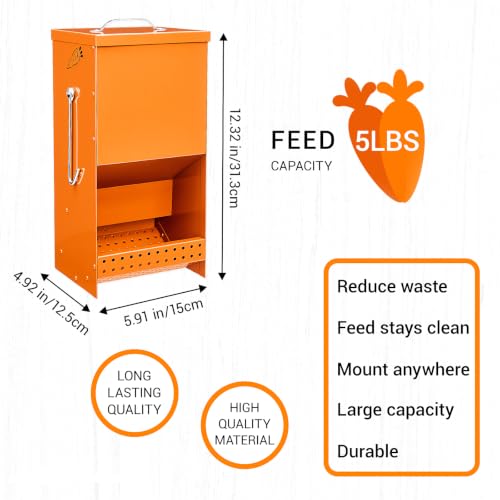 Rabbit Feeders Automatic for Cages,Orange 5 Pound Large Metal Trough Feeder | With Lid Galvanized Steel Outdoor Bunny Food Dispenser for Rabbits Chicken Guinea Pig Pet Other Small Animals