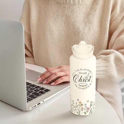 Christian Inspiration Water Bottle 32oz Stainless Steel with Lid & Straw, Inspirarional Insulated Bottles for Women Girls, Religious Inspirational Gift Idea for Birthday Christmas - color: Christian
