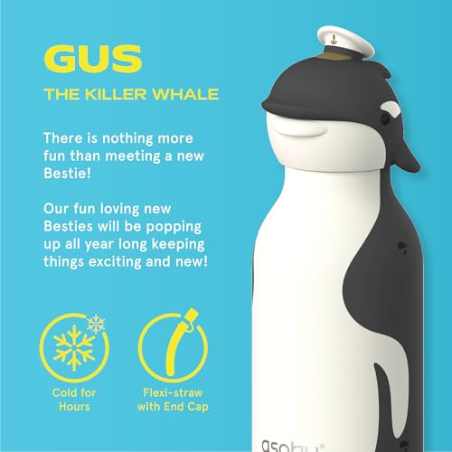asobu Bestie Water Bottle, Cute Collectible Character, Leak Proof, BPA Free | 16 oz, Stays Cold 24 Hours, Double Wall Vacuum Insulation, Food Grade Stainless Steel, Spill Resistant, Great Gift Idea - color: GUS THE KILLER WHALE