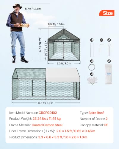 VEVOR Metal Chicken Coop for 4-6 Chickens, 3.3 x 6.6 x 3.3 ft, Small Chicken Cage with Waterproof Cover & Double Doors, Spire Roof Poultry Run Compatible with Wooden Coops, for Rabbit Hen Goose Duck