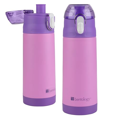 Bentology Stainless Steel 13 Oz Reusable Water Bottle for Kids, Pink | Double Wall Insulated, Spill Proof Lid W/Built-in Straw- Keep Liquids Hot or Cold- Easily Fits in Lunch Boxes & Bags - color: Pink