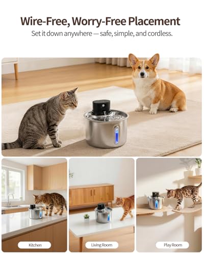 Cordless Stainless Steel Cat Water Fountain Battery Operated Pet Fountain | 74oz/2.2L Wireless Pet Water Fountain for cats indoor- Quiet Automatic Cat Fountain with 5000mAh Battery -Easy to clean