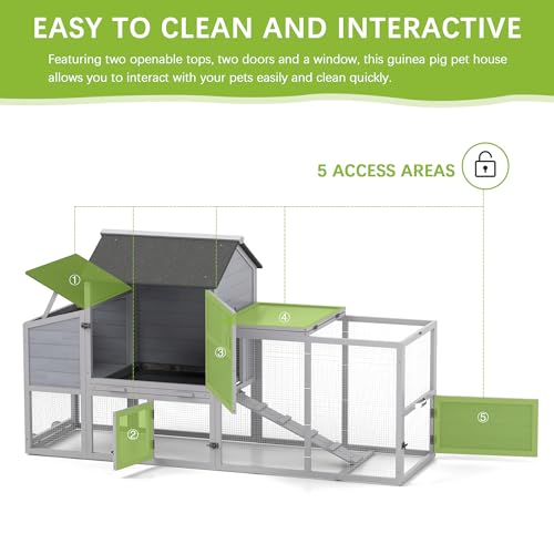 COZIWOW 82" Large Wooden Chicken Coop Mobile Rabbit Hutch with Wheel, Gray | Weatherproof asphalt roof & sunshine board, Anti-slip ramp, Pull-out tray, Hen house with 5 openable doors, Indoor Bunny Cage - color: Gray with Pattern