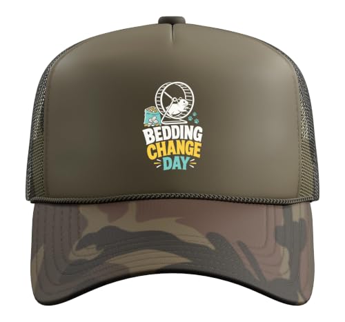 Hamster Bedding Change Day Trucker Hat with Adjustable Mesh Back - color: Camo Green