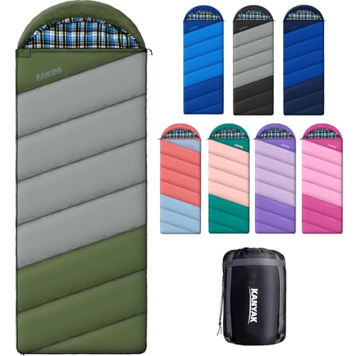 Cotton Flannel Lined Sleeping Bag for Adults Teens Kids, Cold Weather & Warm, 3 Seasons, Lightweight Compact Camping Essentials Equipment, Hiking, Outdoor, Travel - color: Green Grey