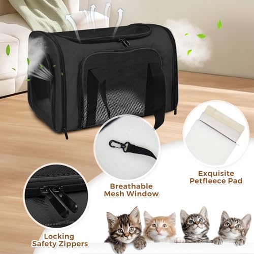 Cat Carrier Soft Up to 16 Lbs, Breathable Pet Travel Bag with Steel Frame | Lockable Zippers, Fits Small Dog, Kitten, and Rabbit,Medium Travel Carrying Case for Kennel Car Airline Transport，Black - color: Black, size: 17.0"L x 11.0"W x 11.0"H