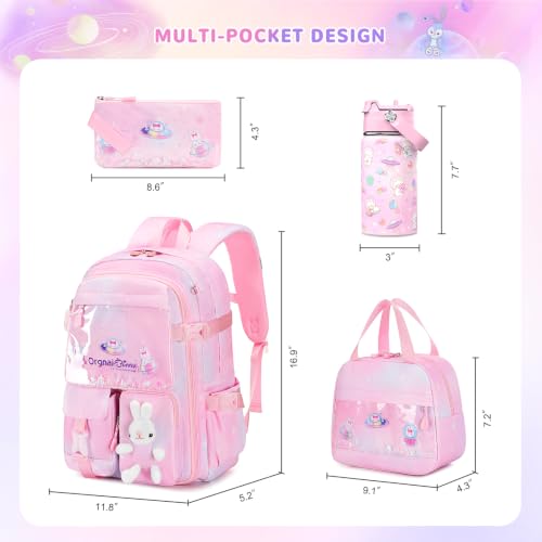 FIXITOK Girls Backpack with 14oz Insulated Water Bottle Set, Kawaii Bunny School Backpack for Girls with Kids Water Bottle Lunch Bag Pencil Case for Kindergarten Elementary Preschool School - color: W-dreamy-pink