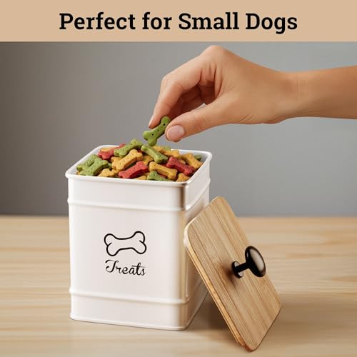 Dog Treat Container with Airtight Bamboo Lid, 5"W x 7"H, 7 Cup Capacity | Fits Most Popular Treats, 7 Cups Capacity, Airtight Bamboo Lid, Easy Open Metal Lid Handle, Dent-Resistant Durable Metal - color: White - Small