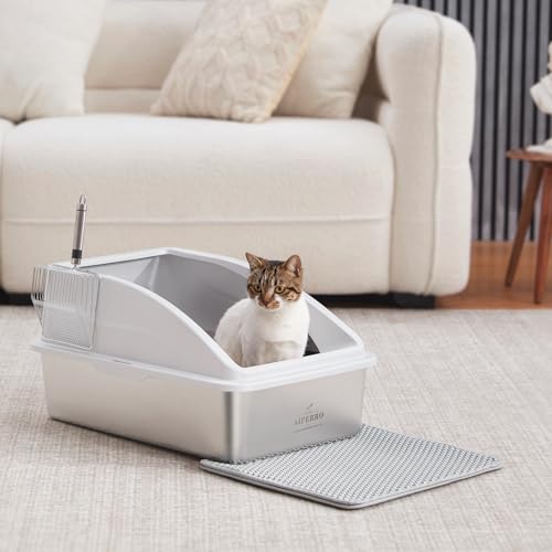 AIPERRO Stainless Steel Litter Box | XL Enclosed Cat Litter Boxes with Lid for Big Cats | High Sided, Anti-Urine Leakage | Non-Stick Bottom & Includes Litter Mat & Metal Scoop - color: Silver Grey, size: X-Large