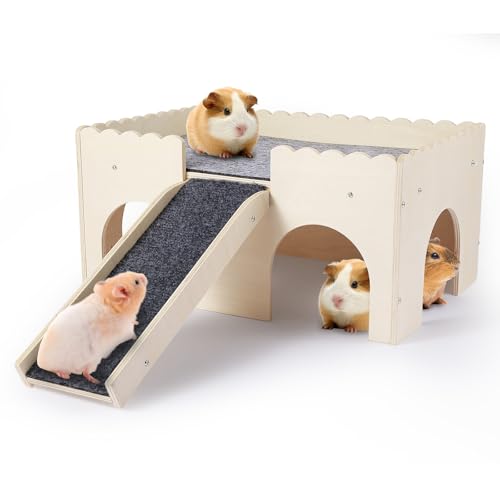 Guinea Pig Hideout 2-Tier Wooden Small Animal Hideout Sturdy Guinea Pig Castle with Ramp & Platform for Bunny, Chinchilla, Rat & Hamster - Easy Assembly Multi-Level Habitat