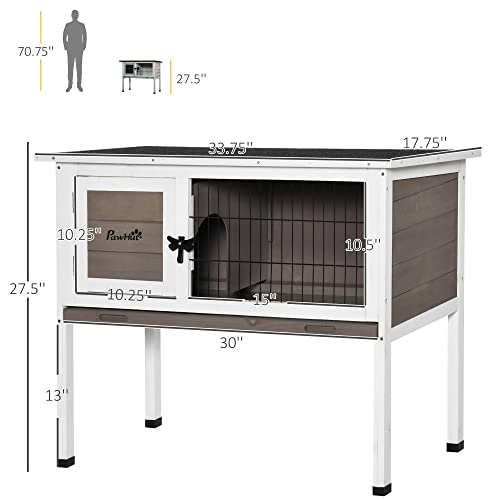 PawHut Elevated Wooden Rabbit Hutch Indoor/Outdoor for Guinea Pig Brown | Bunny Cage, Hinged Asphalt Roof, Removable Tray - color: Brown