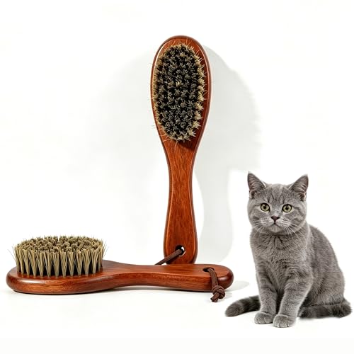 Boar Bristle Cat Hair Brush,Gentle Grooming Brush for Short Haired Cats, Kittens, Small Dogs, Rabbit, Furry Pets Soft Natural Bristles Pet Brush with Wooden Handle for Sensitive Skin