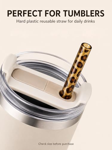 10PCS Set Leopard Straw Cheetah Animal Straws Hard Plastic Reusable Straw and Cleaning Brush Heart Silicone Straw Toppers with Leopard Print Summer Party Supplies (Brown) - color: Brown
