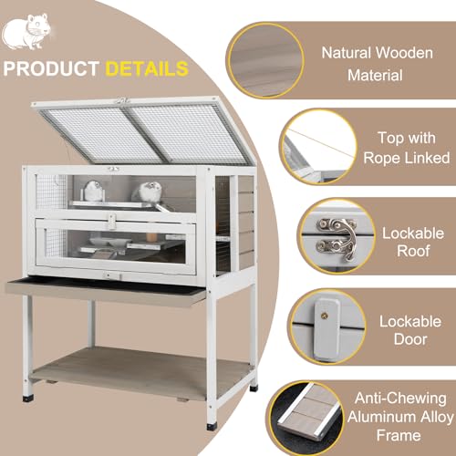 PetsCosset 25.6" Wooden Hamster Cage with No-Leak Pull-Out Tray | No-Leak Pull-Out Tray, Shelf and Ladder, Included Food Bowl, For Hamsters and Guinea Pigs, Small Animal Cage