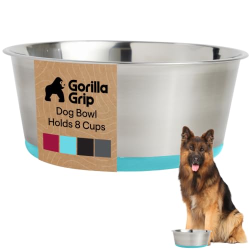 GORILLA GRIP Dog Bowl, Holds 8 Cups (64 fl oz), Food Grade 304 Stainless Steel Food and Water Bowl for Feeding Dogs and Cats, BPA Free Rubber Base, Easy Clean, Dishwasher Safe Rust Resistant Turquoise - color: Turquoise, size: 8 Cup (64 Oz)