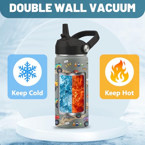 16 oz Water Bottle with Straw Lid, 2 Pack Set, Truck Dinosaur Gifts for Boys Girls, Stainless Steel Insulated Water Bottles for School Travel Outdoor Sports, Truck Dinosaur Cup Birthday Gifts - color: Trucks and Dinosaurs