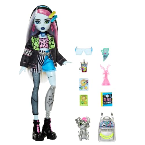 Monster High Frankie Stein Doll in Denim Jacket and Shorts, Includes Pet Dog Watzie and Accessories Like a Backpack, Snack and Notebook - style: Frankie Stein