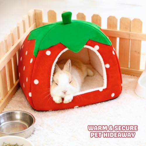 Rabbit Hideout, Washable Bunny Bed with Removable Pee Pad, Plush Indoor Rabbit House, Adorable Strawberry Design Small Animal Hideaway for Guinea Pig, Red - color: Red