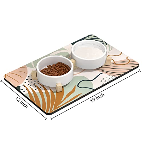 Rnivvi Dog Food Mat, 12" x 19" Boho Absorbent Dog Cat Bowl Mat for Food and Water, 3MM Anti-Slip Rubber Pet Feeding Rug Protect Floors, Puppy Placemat for Feeding & Watering Supplies, Tropical Leaves - color: Boho Tropical Leaves, size: 12"L x 19"W