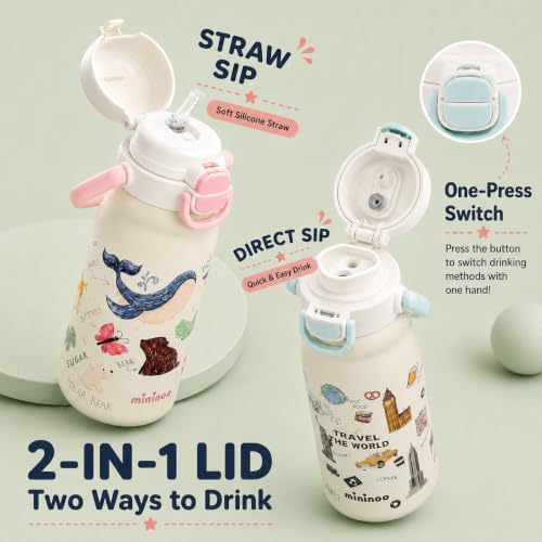 18oz Insulated Stainless Steel Kids Water Bottle for School, Animal | 2-in-1 Straw & Spout Lid, Leak-Proof, BPA-Free, for Girls & Boys, White - color: 18oz White-Animal