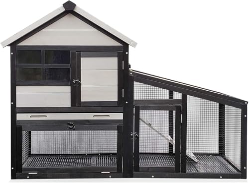Chicken coop and activity area, dual-level rabbit cage for indoor/outdoor use, accommodates 2-3 chickens. Includes ramp and leak-proof deep-draw tray. Suitable for chicks and rabbits (black) - size: 52.0"L x 20.0"W x 38.0"H