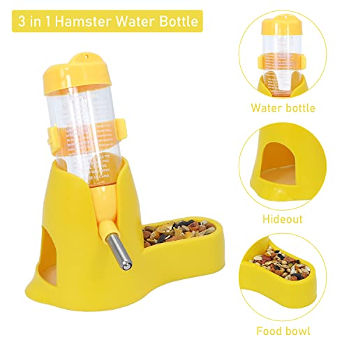 Wontee 3 in 1 Hamster Water Bottle with Food Bowl Hideout Base 80ML, Yellow | Water dispenser, food container, hideout, stable base, easy to refill, for glass tank/cage, dwarf hamster/mouse/gerbil, 2.7oz - color: Yellow, size: 80ML