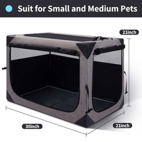 Zikopomi 30 Inch Portable Travel Dog Crate, 3 Door Collapsible Soft Pet Kennel with Durable Mesh Windows for Small and Medium Dogs, Foldable Dog Cage with Storage Pocket for Outdoor (Light Grey) - color: Light Grey, size: 30.0"L x 21.0"W x 21.0"H